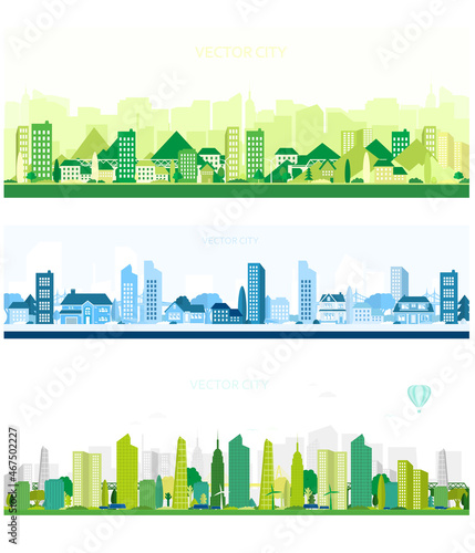 Three vector posters with cities in green and blue. Modern city with trees, buildings and a bridge. City landscape	 #467502227