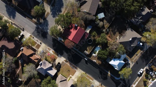 Drone footage of neighborhoods, homes, and streets in San Antonio, Texas.