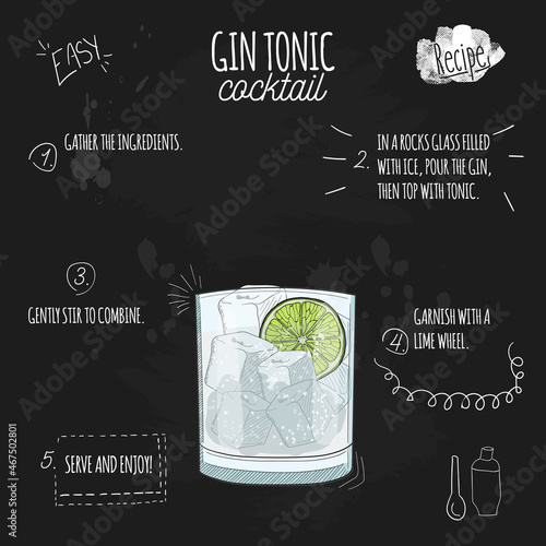 Gin Tonic Cocktail Illustration Recipe on Blackboard