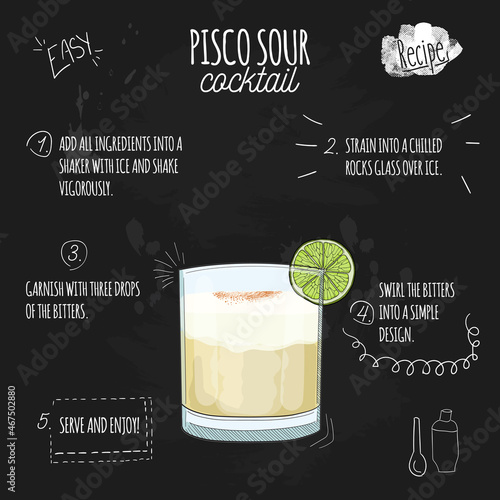 Pisco Sour Cocktail Illustration Recipe on Blackboard photo