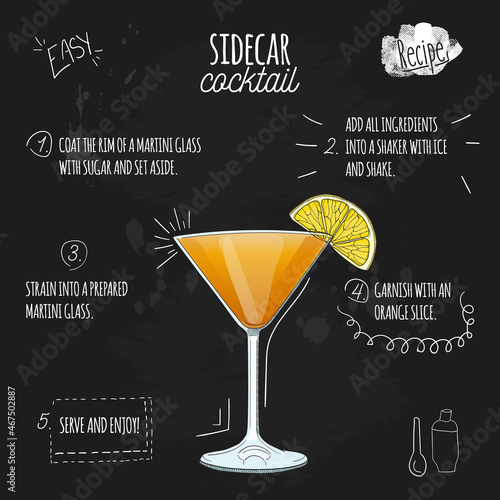 Sidecar Cocktail Illustration Recipe on Blackboard
