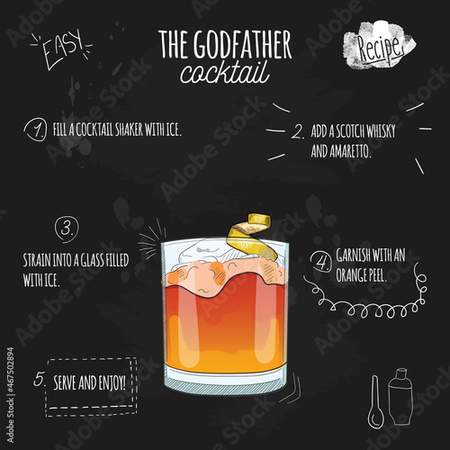Schilderij op canvas The Godfather Cocktail Illustration Recipe on Blackboard