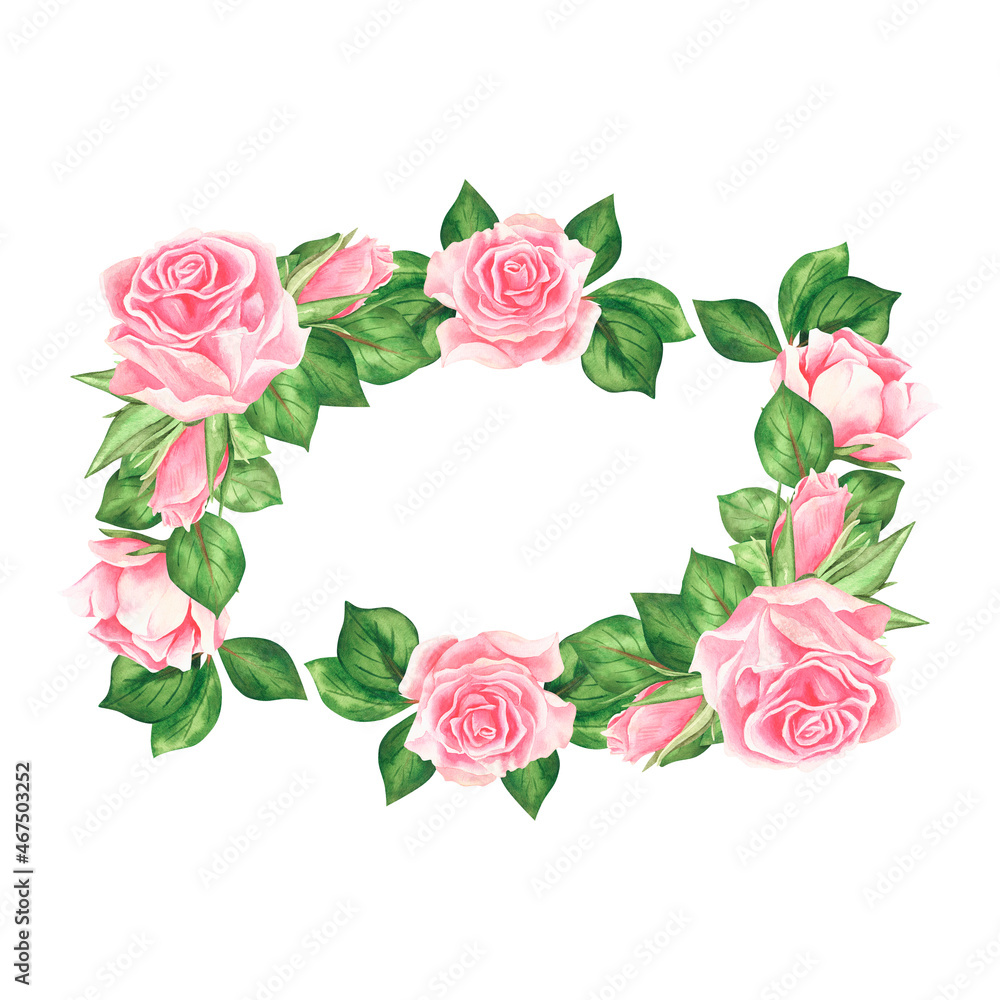 A frame of roses in the shape of a rectangle. Watercolor vintage illustration. Isolated on a white background. For your design.