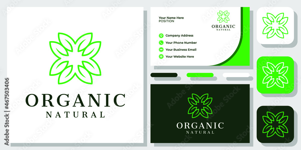 Leaf Nature Green Organic Natural Circular Plant Concept Logo Design with Business Card Template