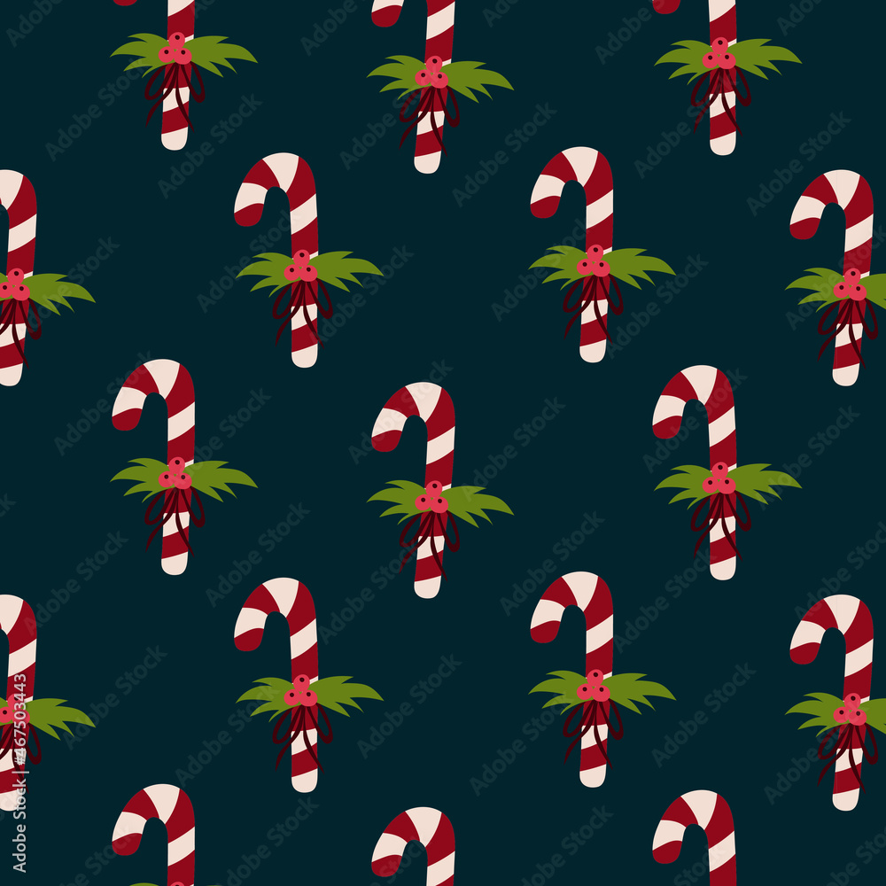 Candy cane with red ribbon and bow seamless vector pattern on a green background. Traditional children's sweets for Christmas and New Year. Candy cane with red ribbon and bow seamless vector pattern on a green background. Traditional children's sweets for Christmas and New Year.