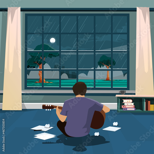 Music writer playing guitar from a back view. Looking at a window on a bright night flat vector illustration