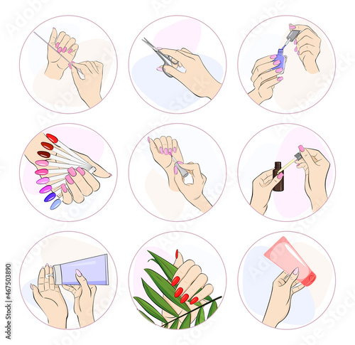 Icons, emblems, templates for social media stories, websites or blogs. The theme of manicure, female beauty, beauty sphere.