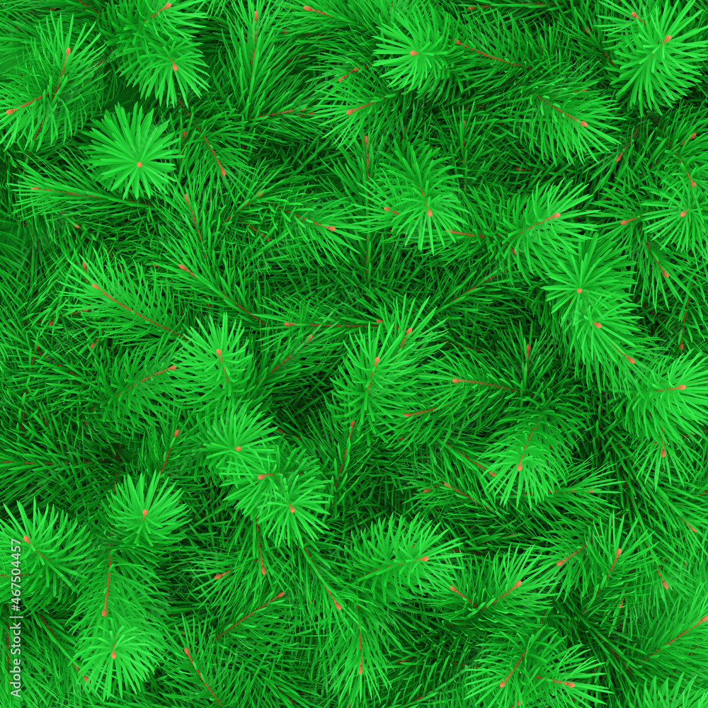 Tightly pressed to each other green spruce branches. 3D render.