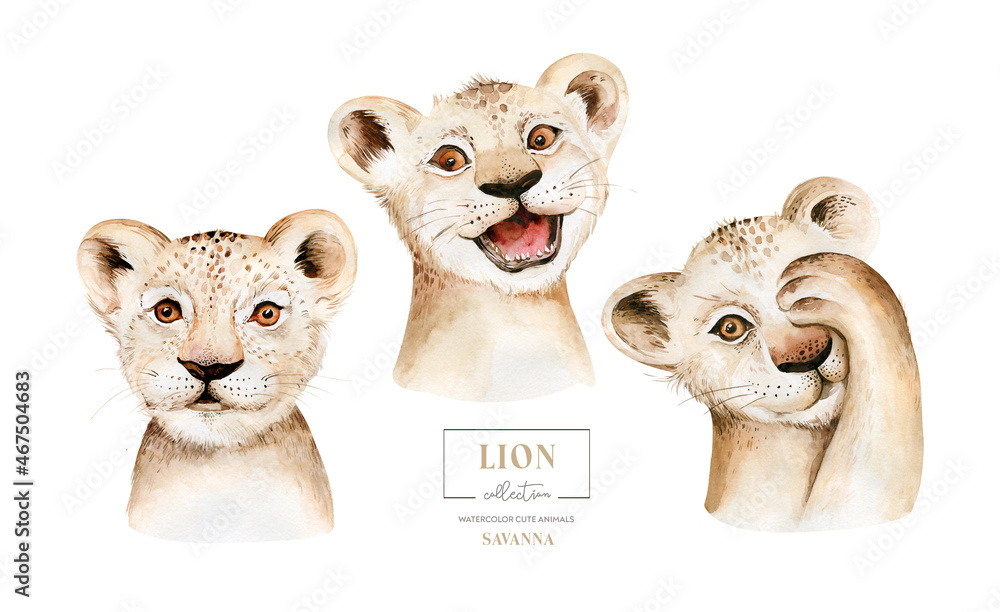 Africa watercolor savanna lion, animal illustration. African Safari wild  cat cute exotic animals face portrait character. Isolated on white poster  design Stock Illustration | Adobe Stock