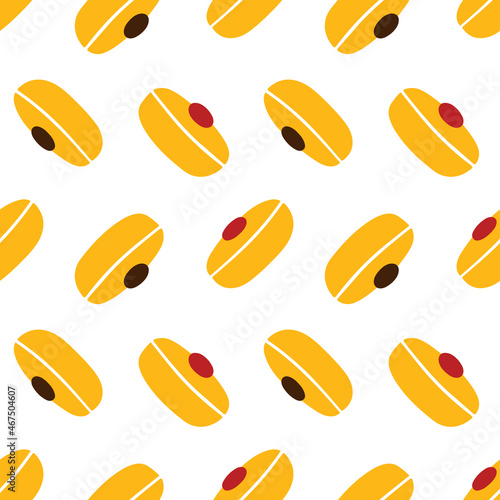 Sufganiyot, hanukkah traditional donuts, pastry vector seamless pattern background.