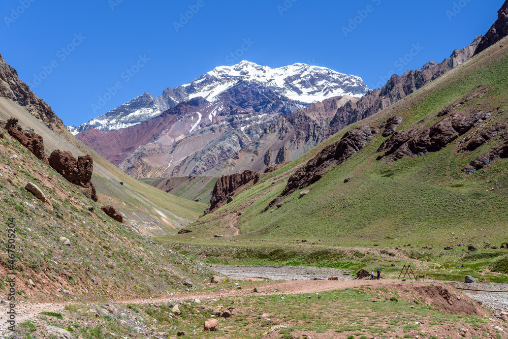 Mount Aconcagua, the highest peak of Americas, dominating the valley, Mendoza, Argentina