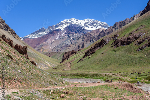 Mount Aconcagua, the highest peak of Americas, dominating the valley, Mendoza, Argentina photo