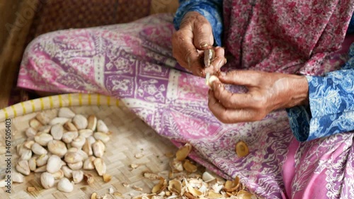 old woman slicing kluwih seeds or Artocarpus camansi with a knife to make a traditional Indonesian side dish photo