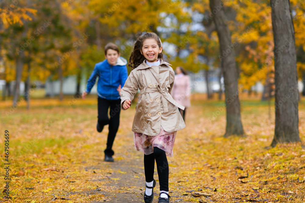 Fototapeta premium Children run along path in autumn park. They play and laugh, they have a lot of fun. Beautiful nature and trees with yellow leaves.