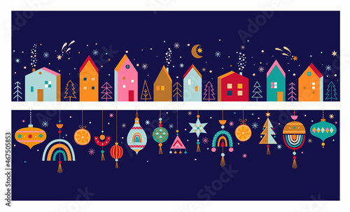 Christmas horizontal banners with hand drawn isolated houses under the snow and christmas balls in Scandinavian style.Xmas cozy decor elements.Template for print, design,web,print.Vector illustration.