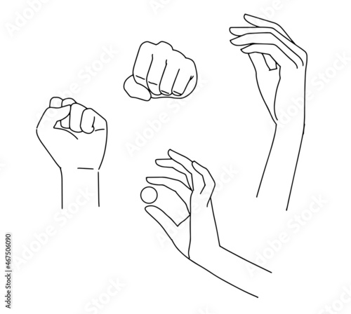 Set of linear hands, elegant hands. Different poses. Holding a small circle