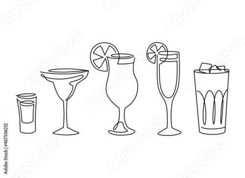 Line art set of alcohol drinks. Cocktail with a piece of fruit