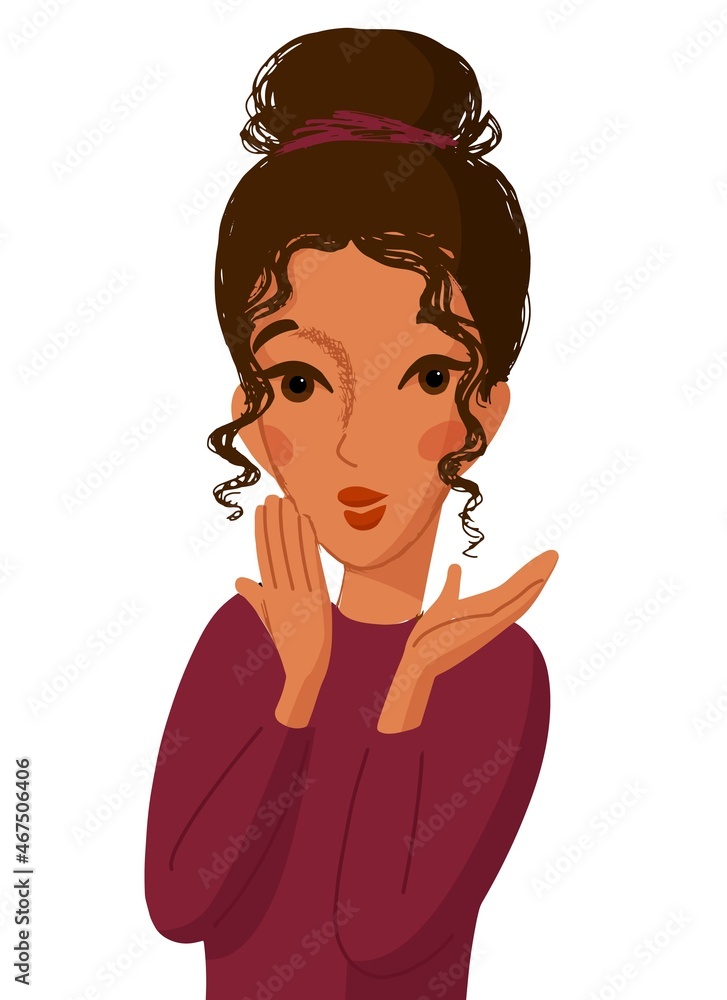 Cartoon style portrait, amazed cute woman with hands in front of mouth Cartoon style portrait, amazed cute woman with hands in front of mouth