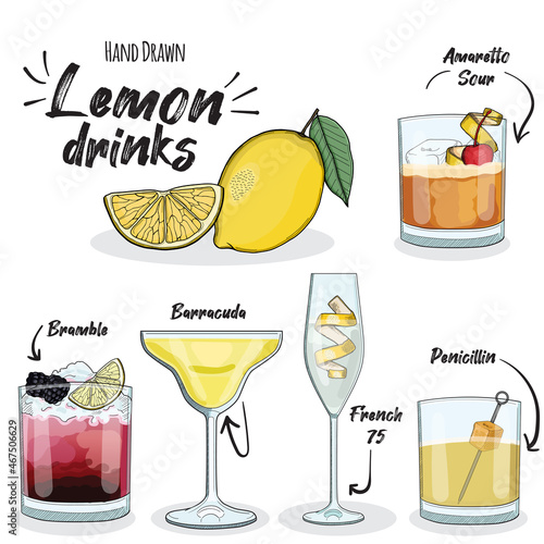 Set of Lemon Cocktail Illustration. Amaretto sour, bramble, barracuda, french 75 and penicillin Drinks