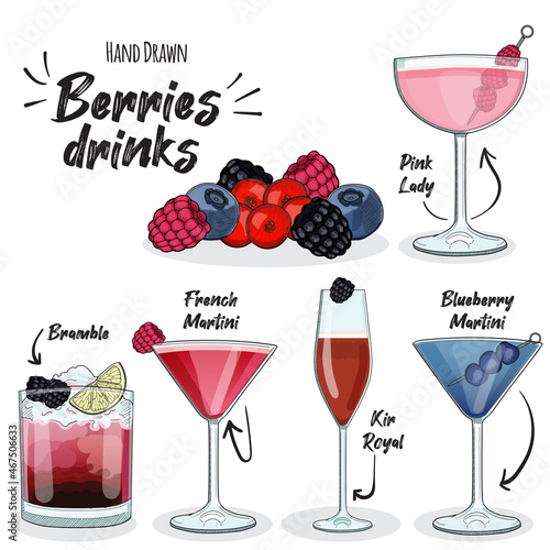 Set of Berry Cocktail Illustration. Pink Lady Bramble French martini kir royal and blueberry martini Drinks photo