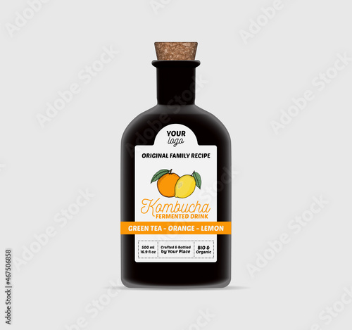 Orange lemon Kombucha Tea label template Bottle Packaging Isolated