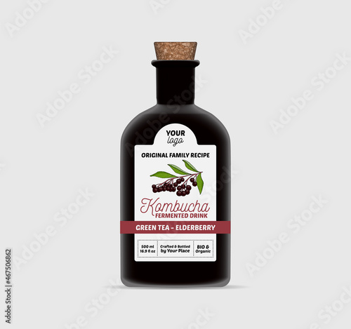 Elderberry Kombucha Tea label template Bottle Packaging Isolated