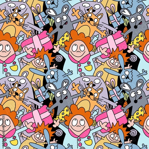 Doodle kids seamless pattern with animals and people for packaging and fabrics 