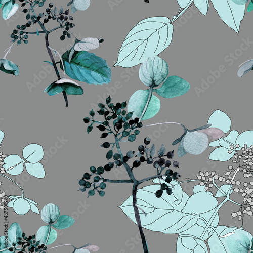 Flowers auyumn dry branches turquoise on grey background seamless pattern for all prints.