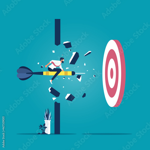 Achieving goals and success after obstacle breakthrough concept, businessman riding on arrow breakthrough wall to target