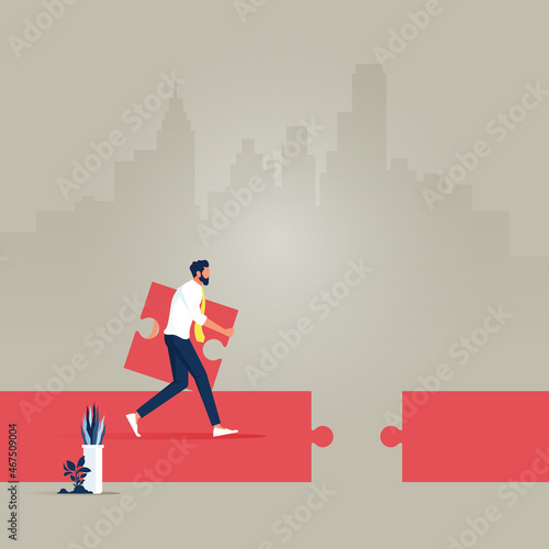 Business solution and success vector concept with man completing the road, Symbol of new ideas, ambition and success