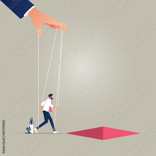 Businessman controlled as puppet on strings vector concept, symbol of corporate bad ethics and morals, corruption, businessman controlled as puppet on strings walking to trap
