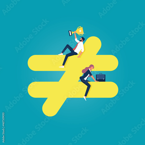 Unequal discrimination on lady, unequal or not equal sign with businessman on top level and businesswoman on lower level, Human inequality or gender inequality vector concept