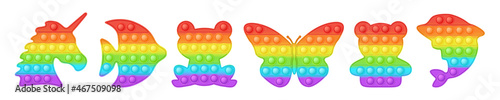 Set of animal forms pop it a trendy rainbow fidget toys. Addictive anti stress toy in bright colors. Bubble sensory developing popit for kids. Vector illustration isolated on a white background.
