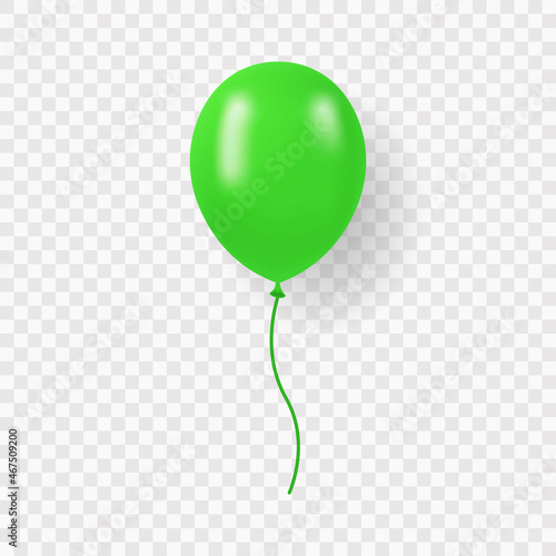 Single Green Balloon with Ribbon on Transparent Background. Round Air Ball with String for Party, Birthday, Anniversary, Celebration. Green Realistic Ballon. Isolated Vector Illustration