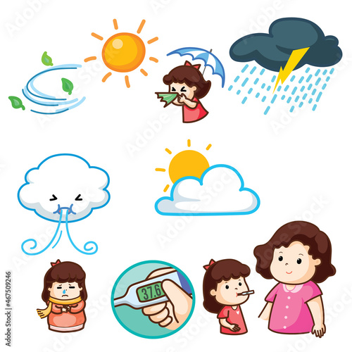 Cute girl have cold from season changes vector illustration.