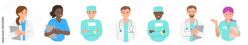 Set of doctors of different nationalities,as African-Americans, nurses and paramedics. Portraits of male and female medical workers in uniform with stethoscopes, masks, gloves. illustration isolated Set of doctors of different nationalities,as African-Americans, nurses and paramedics. Portraits of male and female medical workers in uniform with stethoscopes, masks, gloves. illustration isolated