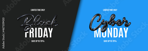 Black Friday and Cyber Monday Sale banner. Realistic 3d lettering. Black Friday and Cyber Monday lettering for decoration promotional discount event. Vector illustration for decoration sale banners.