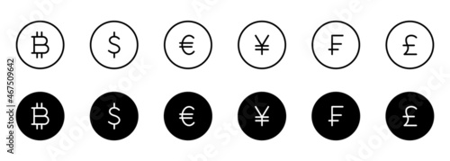 World Currency Line and Silhouette Icon Set. Euro, Usd Dollar, Bitcoin, Yen, Franc, Pound Sterling Pictogram. Money Symbols and Cryptocurrency Sign. Editable Stroke. Isolated Vector Illustration