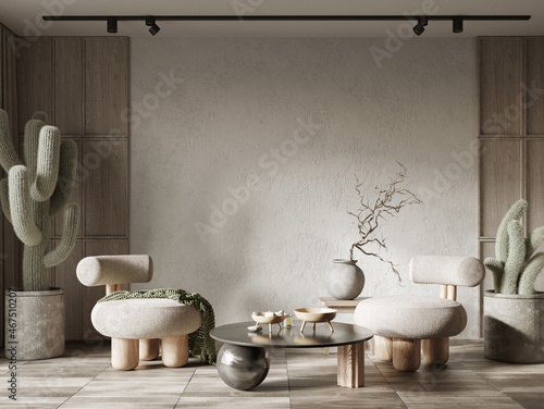 Minimalist interior design with built in wall shelves. Wabi sabi concept, 3d render  photo