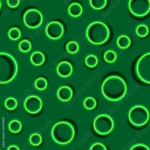 Abstract neon seamless pattern. Green glowing circles background.