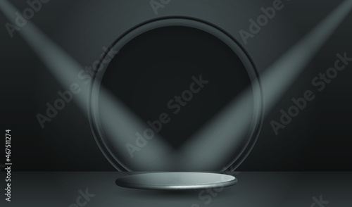 Dark theatre stage in the rays of spotlights. Background scene for the award ceremony. Round podium and beams lights. 3D pedestal on scene