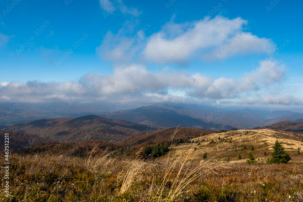 Bieszczady Polish mountains view from Bukowe Berdo, autumn, nice weather, mountain peaks, clouds Bieszczady Polish mountains view from Bukowe Berdo, autumn, nice weather, mountain peaks, clouds