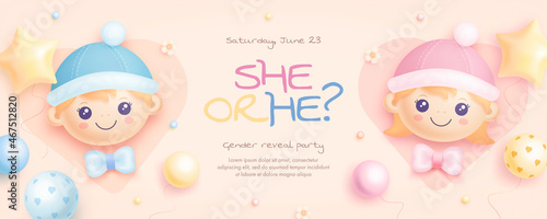 He or she. Cartoon gender reveal invitation template. Horizontal banner with realistic helium balloons. Vector illustration
