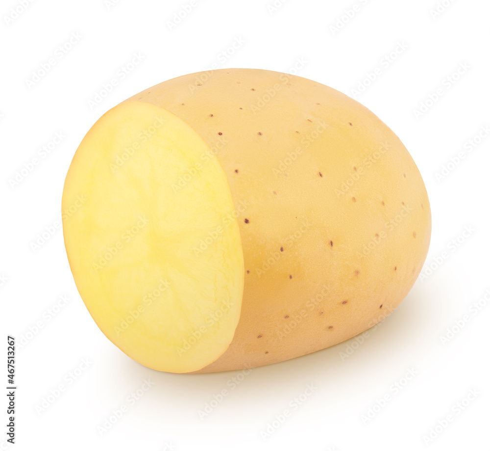 Half of fresh whole potato isolated on a white background.
