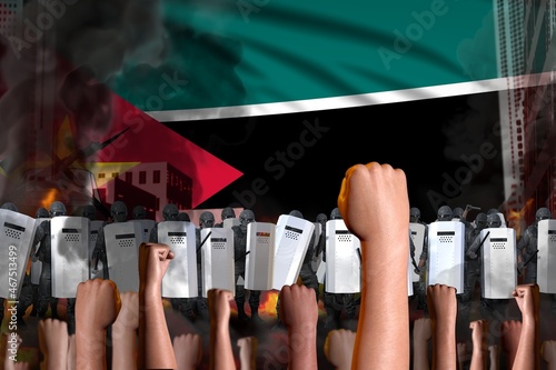 Protest in Mozambique - police special forces stand against the angry crowd on flag background, disorder stopping concept, military 3D Illustration