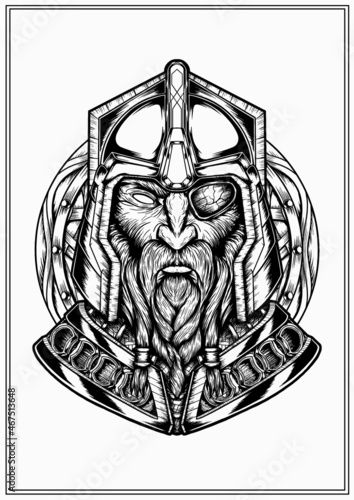 Bust of a nordic warrior in a metal helmet and armor with a braided beard and mustache, a graphic portrait of a one-eyed dwarf on the background of a shield, the face of an old viking close-up.