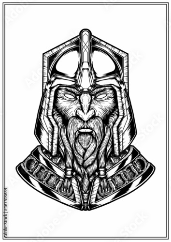 Bust of a northern warrior in a metal helmet and armor with a braided beard and mustache, a symmetrical graphic portrait of a dwarf without background, the isolated face of an old viking close-up.