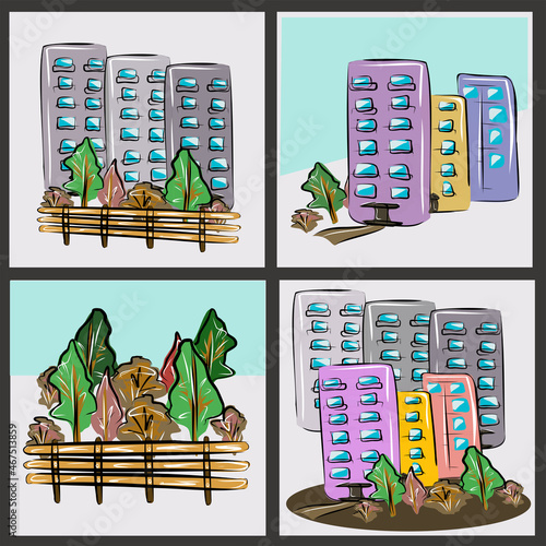 Cityscape, multi-storey buildings, a new district, houses and trees in the park. Life style. Isolated vector objects.
