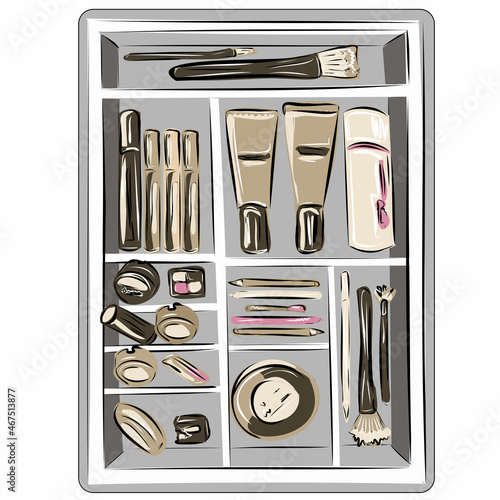 Care and decorative cosmetics, makeup brushes. Items can be swapped. Minimalism, neat storage. Store, advertisement. Vector isolated objects.