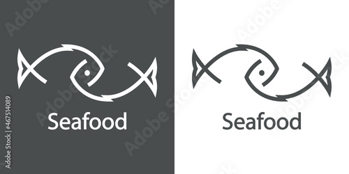 Logotipo restaurante. Banner con texto Seafood y silueta de 2 pescados abstractos con líneas en fondo gris y fondo blanco